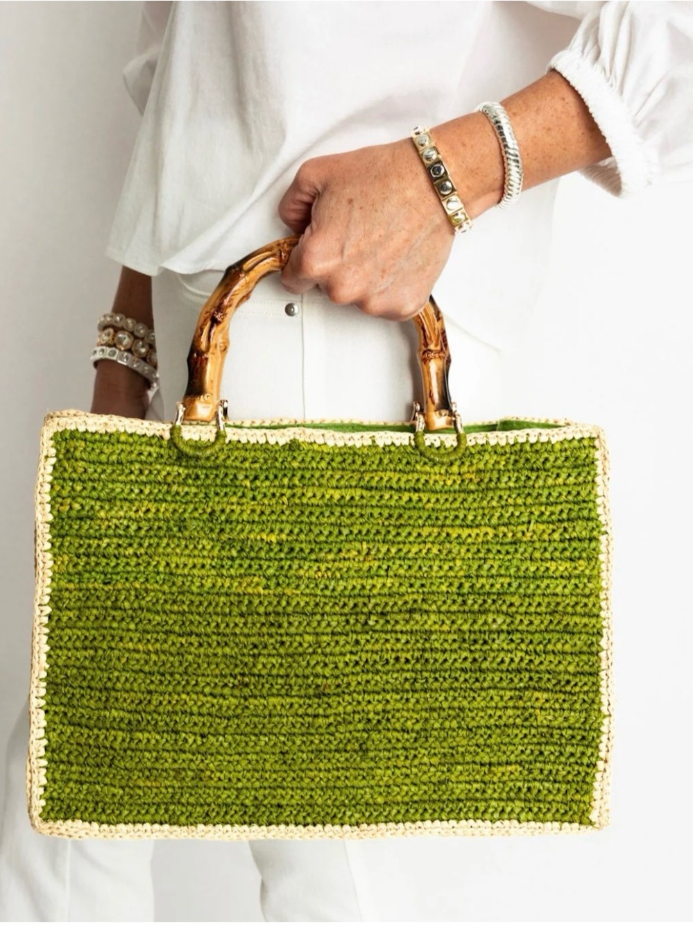 Baldiz Piper Bamboo Bag Olive Green Hay Raffia Tote NWT Retail $245 - Picture 8 of 10